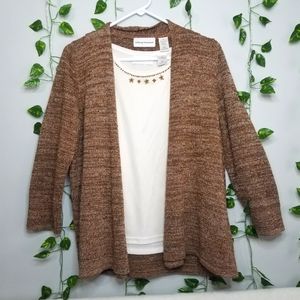 Alfred Dunner Brown Marled Open Front Cardigan 3/4 Sleeve Twin Set Beade…
